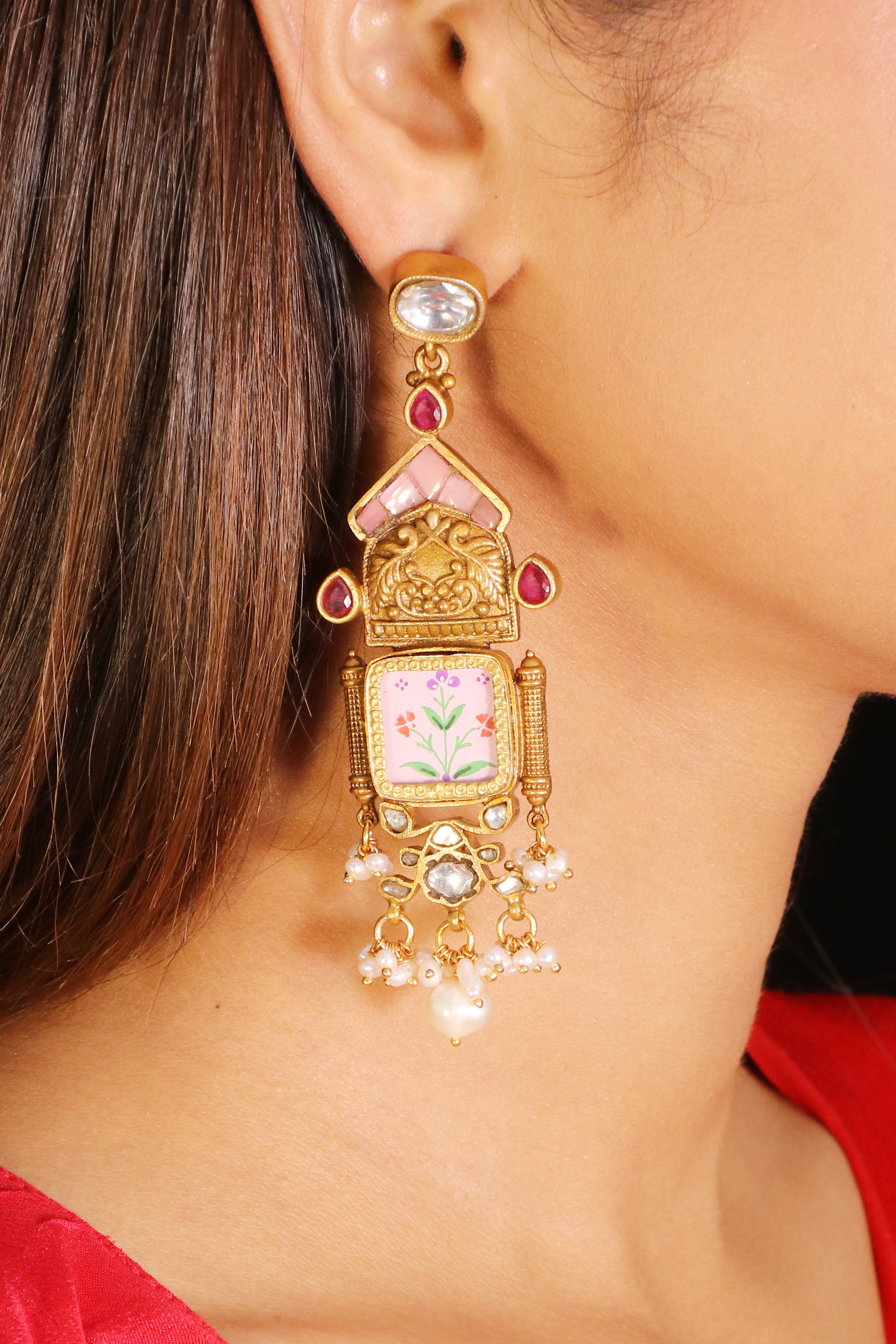 Meheriya Pink handpainted kundan earrings image 0